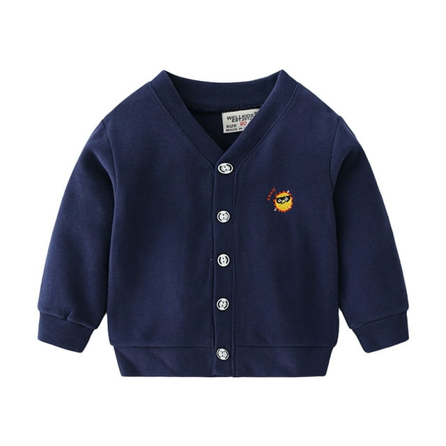WEIYLL Going Out Tops for Boys Children Long Sleeve Cartoon Embroidery Patchwork Knitted Sweater Cardigan Navy Jacket for 2-3 Years