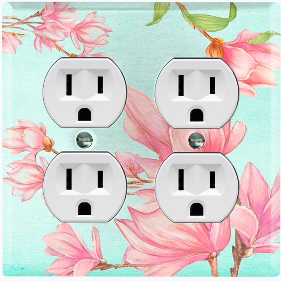 Metal Light Switch Plate Cover Classy Pink Magnolia Floral Wallpaper Teal FLW105