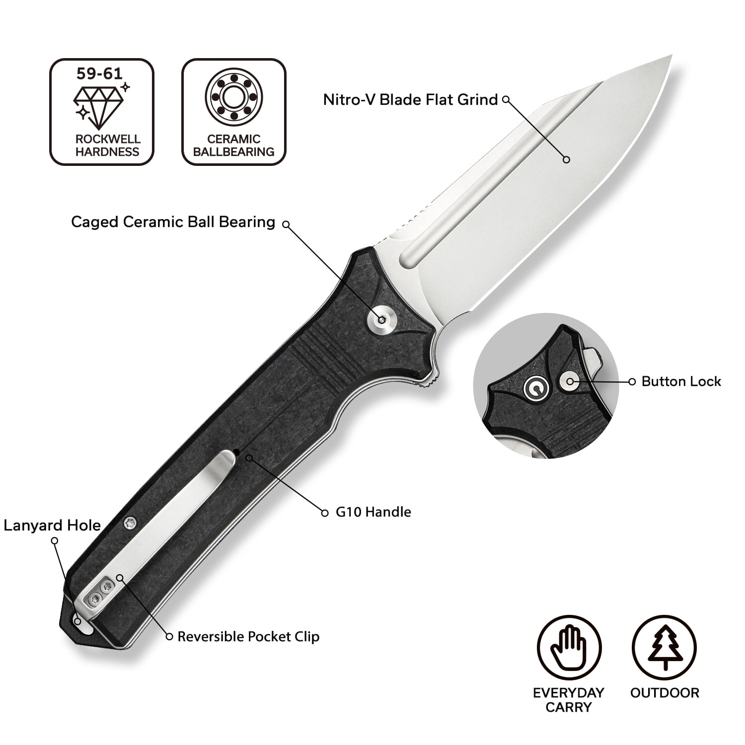 CIVIVI Neurohaptic Pocket Folding Knife with 3.74'' Nitro-V Blade G10 Handle, Reversible Clip, Gift for Men Women C23080-2
