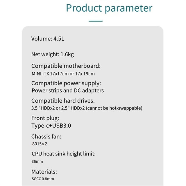 Chasis de Escritorio Caja de Computadora ITX Caja de Computadora Mini NAS Disco Duro Dual de 3,5 Pulgadas Interfaz Frontal USB3.0 TYPEC Plata
