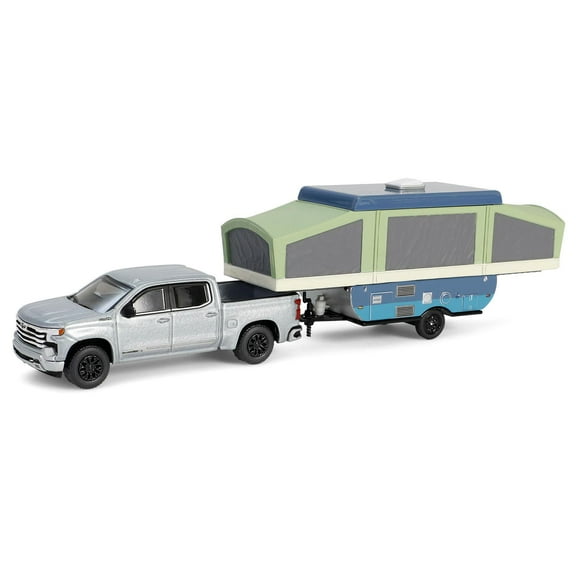 Greenlight 1/64 2024 Chevrolet Silverado High Country with Pop-Up Camper, Sterling Gray, Hitch & Tow Series 32 32320-D