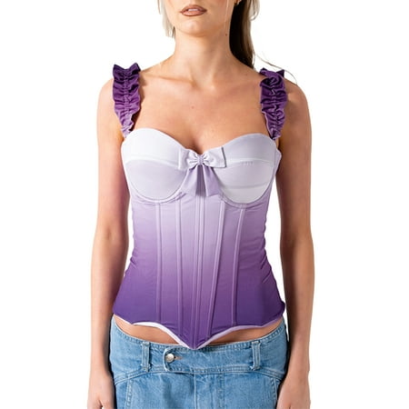 

Elegant Women Corset Crop Tops with Bow Sweet Ruffle Sleeveless V Neck Tanks Kawaii Aesthetic Gradient Color Tshirts