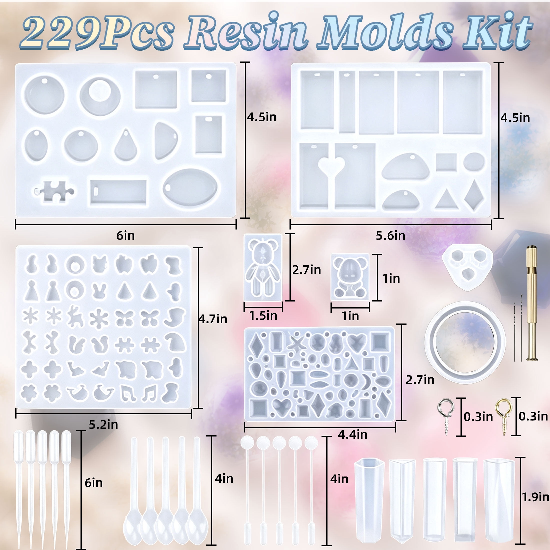 229 Pcs Resin Molds Silicone Kit, Resin Casting Molds Set with Bear, Bangle Bracelet, Pendant, Gem, Column Molds & Tools, DIY Epoxy Resin Molds for Jewelry, Keychain, Earring, Home Decoration Crafts