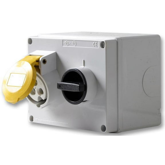 PRO POWER - 16A, 110V, Switched Interlocked CEE Socket, 2P E, Yellow, IP44