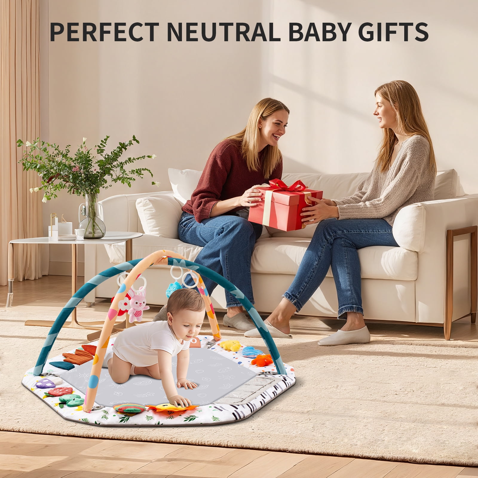 Multifunctional Baby Play Gym Mat with Sensory Toys Tummy Time Mirror Large Activity Center for Newborn 0-18 Months Infant Gift
