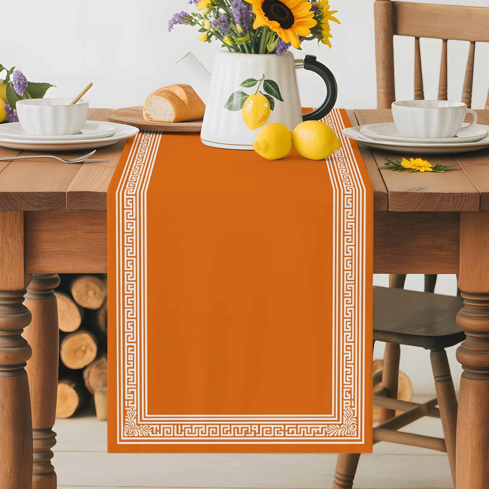 Greece Geometric Key Design Table Runner 90 Inches Long, Abstract Stripe Art on Orange Table Runners Tabletop Scarf Kitchen Dining Tables Decoration for Home Party Indoor Outdoor