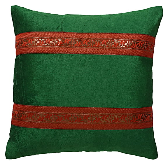 Stylo Culture Indian Chair Seat Throw Pillow Cover Jacquard 16x16 Brocade Dark Green Zippered 40 x 40 cm Living Room Satin Velvet Floral Square Cushion Cover | 1 Pc