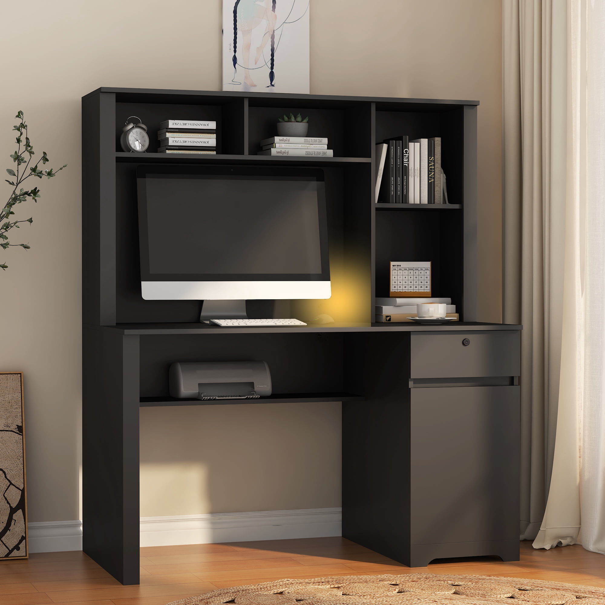 Wood Executive Desk with Hutch Charging Station and Lockable Drawer