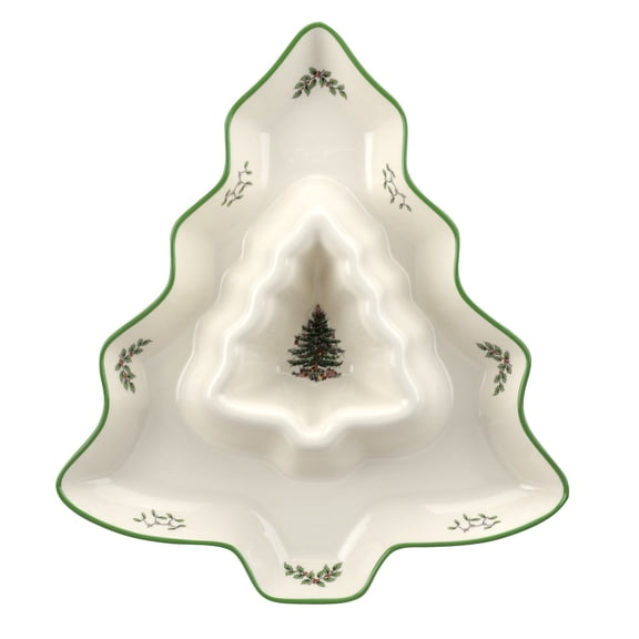 Spode Christmas Tree Chip and Dip Tree-Shaped Dish - 13-Inch Porcelain Holiday Serveware for Appetizers, Chips - Festive Ceramic Tableware - Dishwasher, Microwave, Freezer Safe