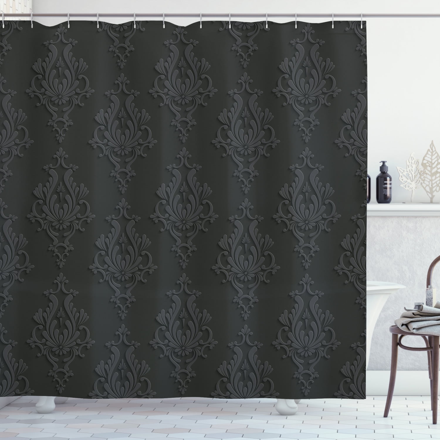 Dark Grey Shower Curtain, Antique Damask Pattern in 3D Style Classic