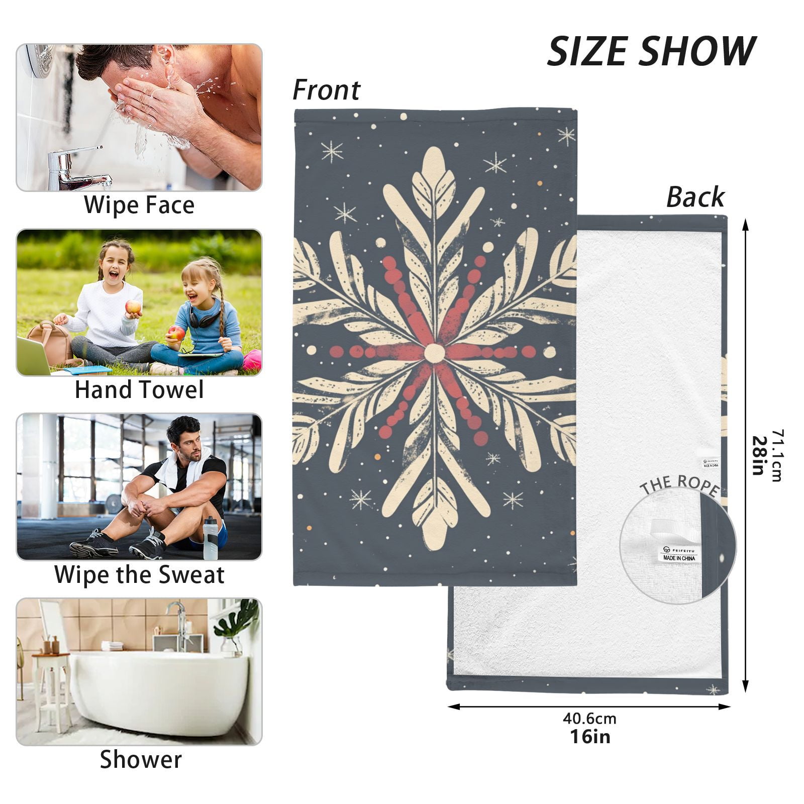 Blue Christmas Snowflake Hand Towels Cotton Bath Towels Large Face Towels Absorbent for Bathroom 2 Packs