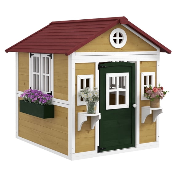 Wooden Playhouse Outdoor, Kids Cottage with Door & Windows, Planter Pots, Beige - Toddler Play House 3-8 Years