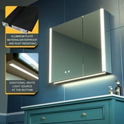 LED Bathroom Mirror Cabinet with Socket & USBs, Defogger, Dimmable, 3 Color Light Makeup Mirror, Easy to Install, Wall Mounted Medicine Cabinet (32 x 28 Inch)