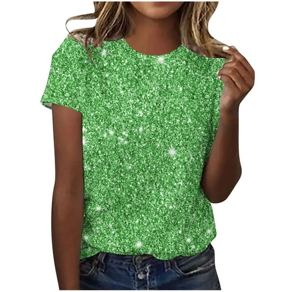 Womens Sparkle Print Short Sleeve T Shirts Round Neck Tops Dressy Casual Blouses Trendy Spring Summer Clothes