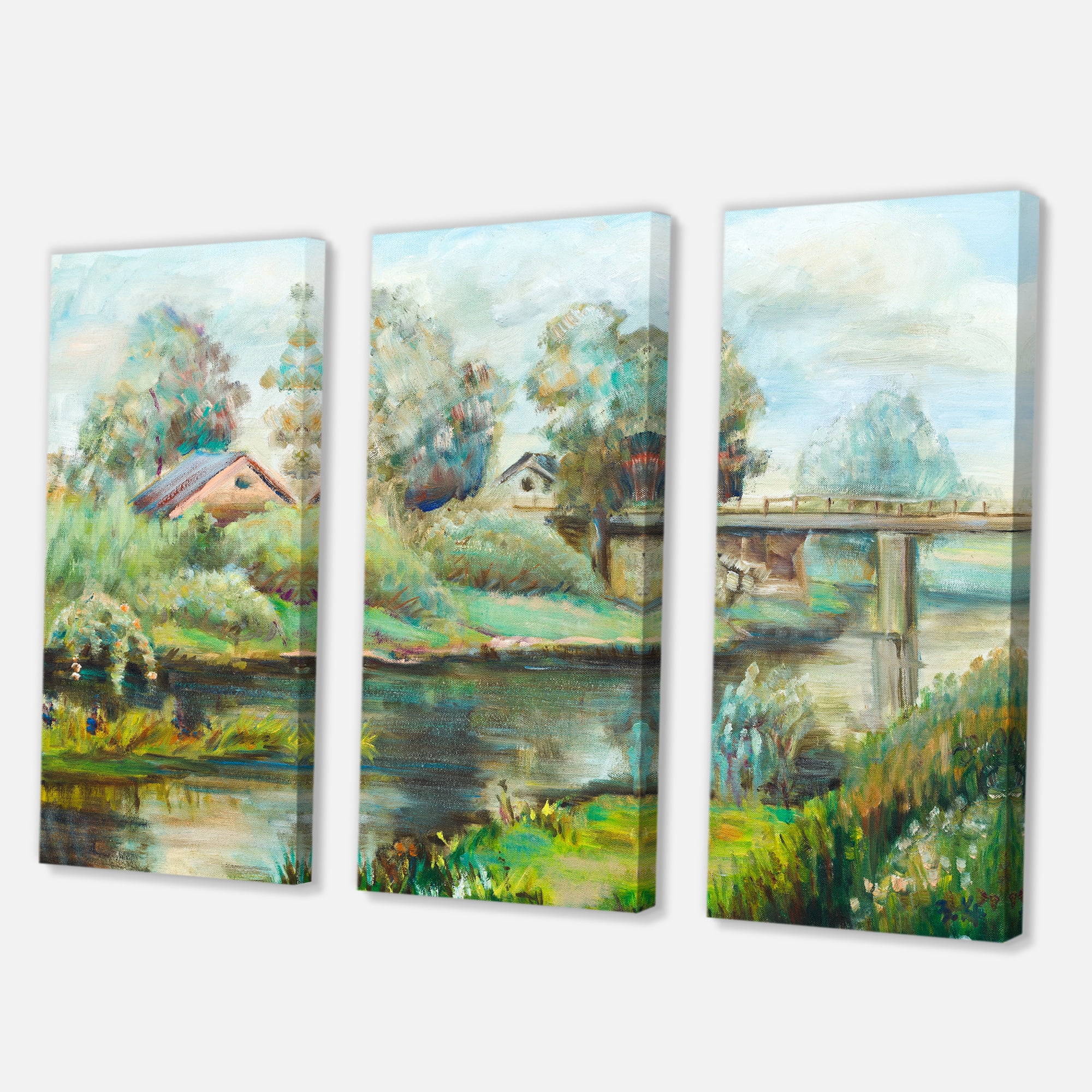 Designart ' Rustic Landscape With Bridge On The River ' Lake House Canvas Wall Art Print
