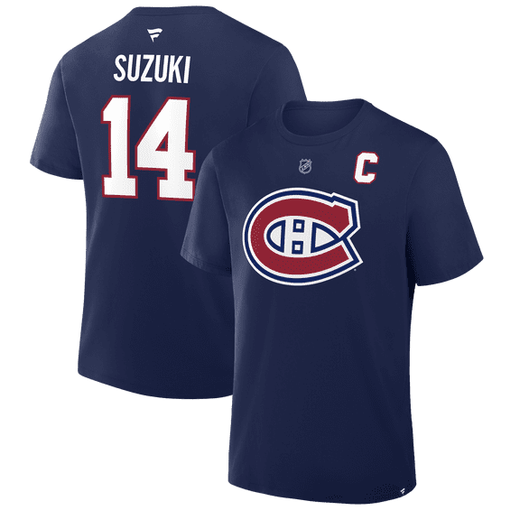 Men's Fanatics Nick Suzuki Navy Montreal Canadiens Authentic Stack Name & Number T-Shirt