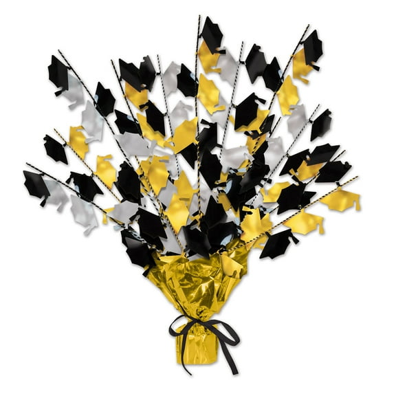 Beistle Club Pack of 12 Black and Gold Foil Spray Graduate Cap Gleam 'N Burst Centerpieces 15"