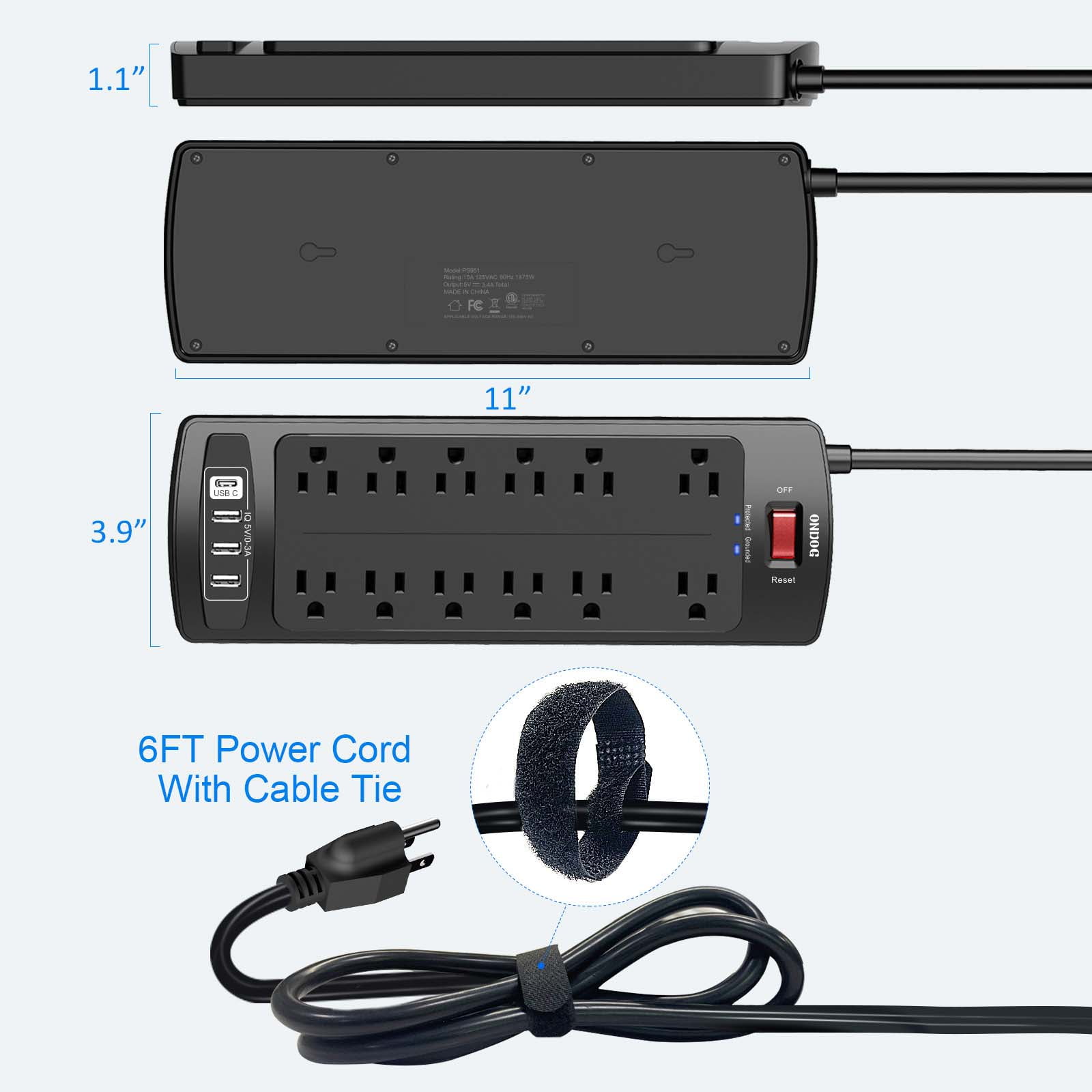 ONDOG Surge Protector with 12 Outlets and 4 USB Ports, 6 ft Extension Cord (1875W/15A), 2700J Power Strip, Black (PS923)