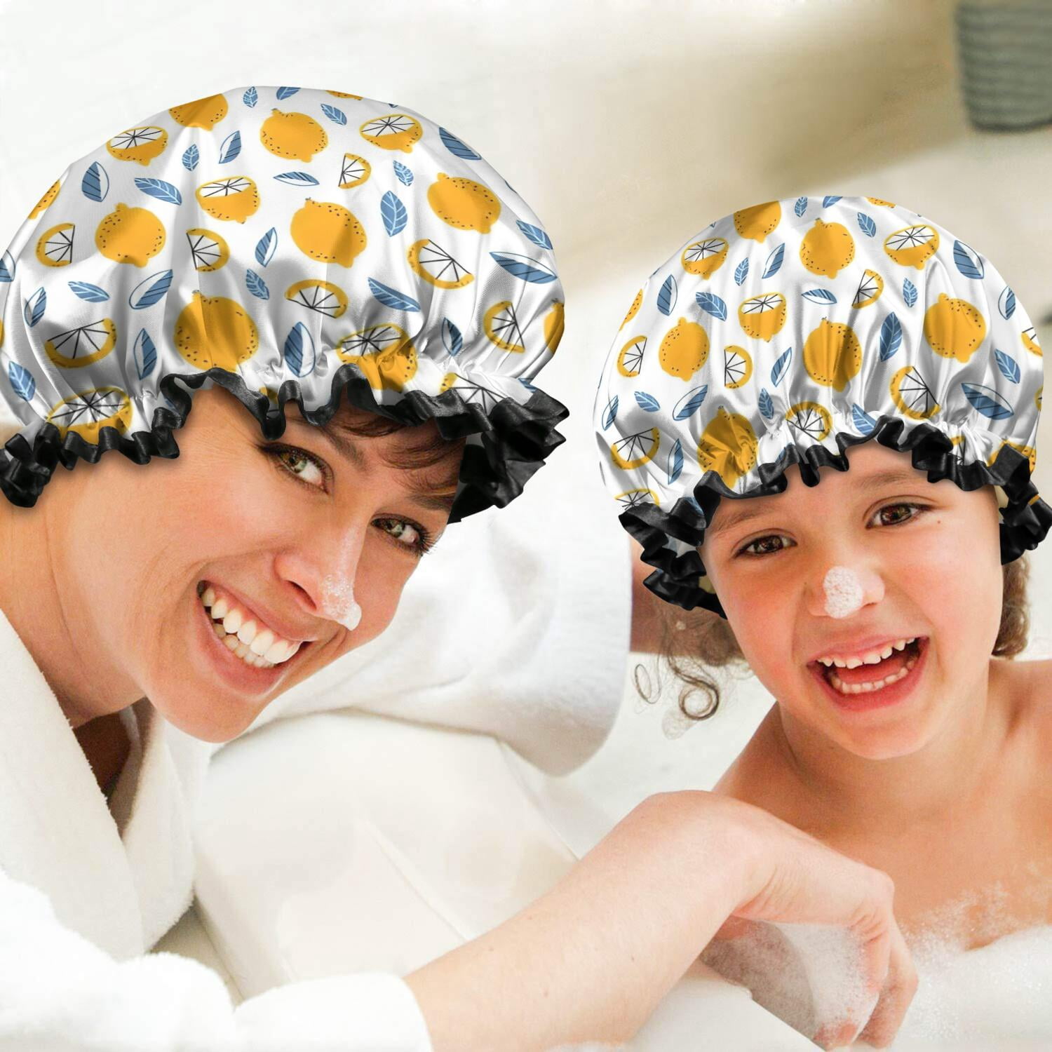 Shower Caps,Yellow Lemon Fruit Slices White Pattern Waterproof Shower Cap for Women 4 Pieces,Double Reusable Hair Cover for Shower PEVA Elastic Stretch Hem