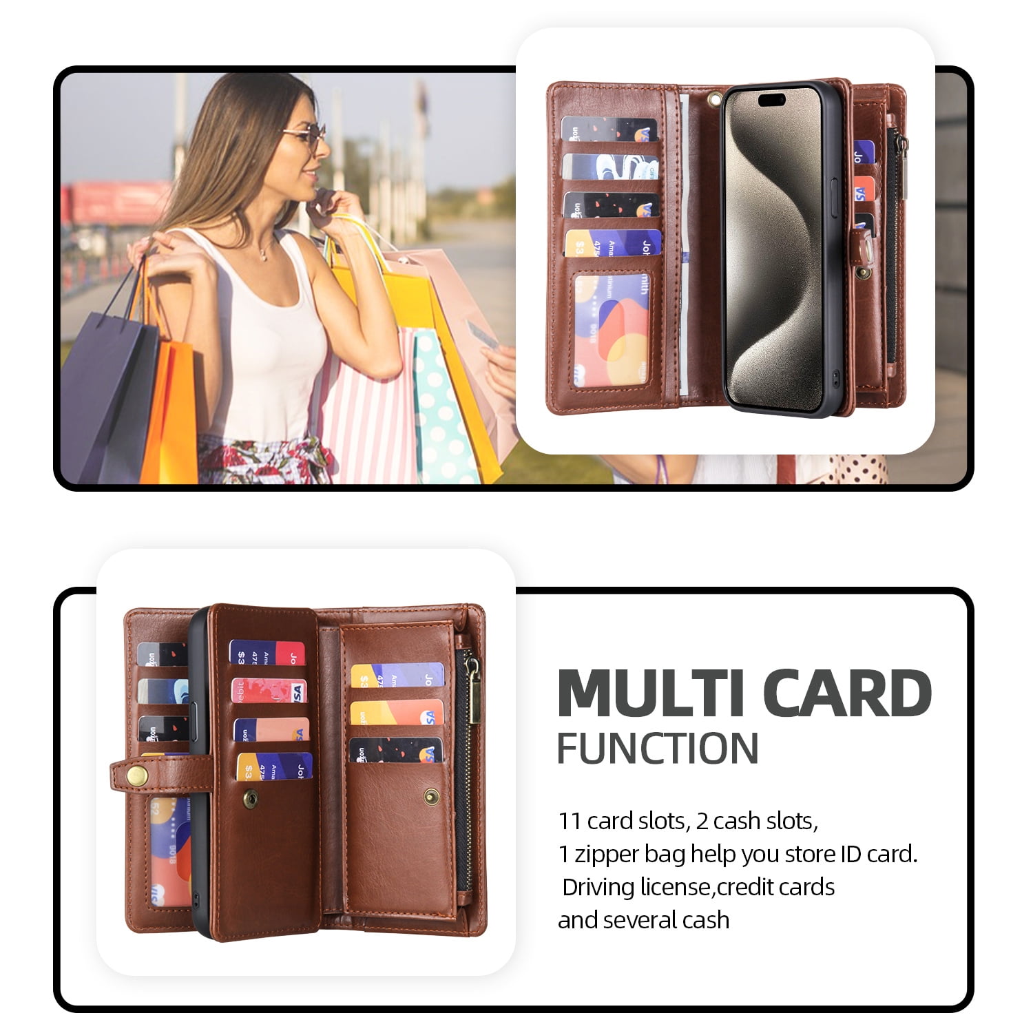 2 In 1 Wallet Phone Case for Apple iPhone 13 Pro Max, Detachable Magnetic Back Cover with Cards Holder Zipper Pocket Hand Wrist RFID Blocking Snap Closure Shockproof Case for iPhone 13 Pro Max, Brown