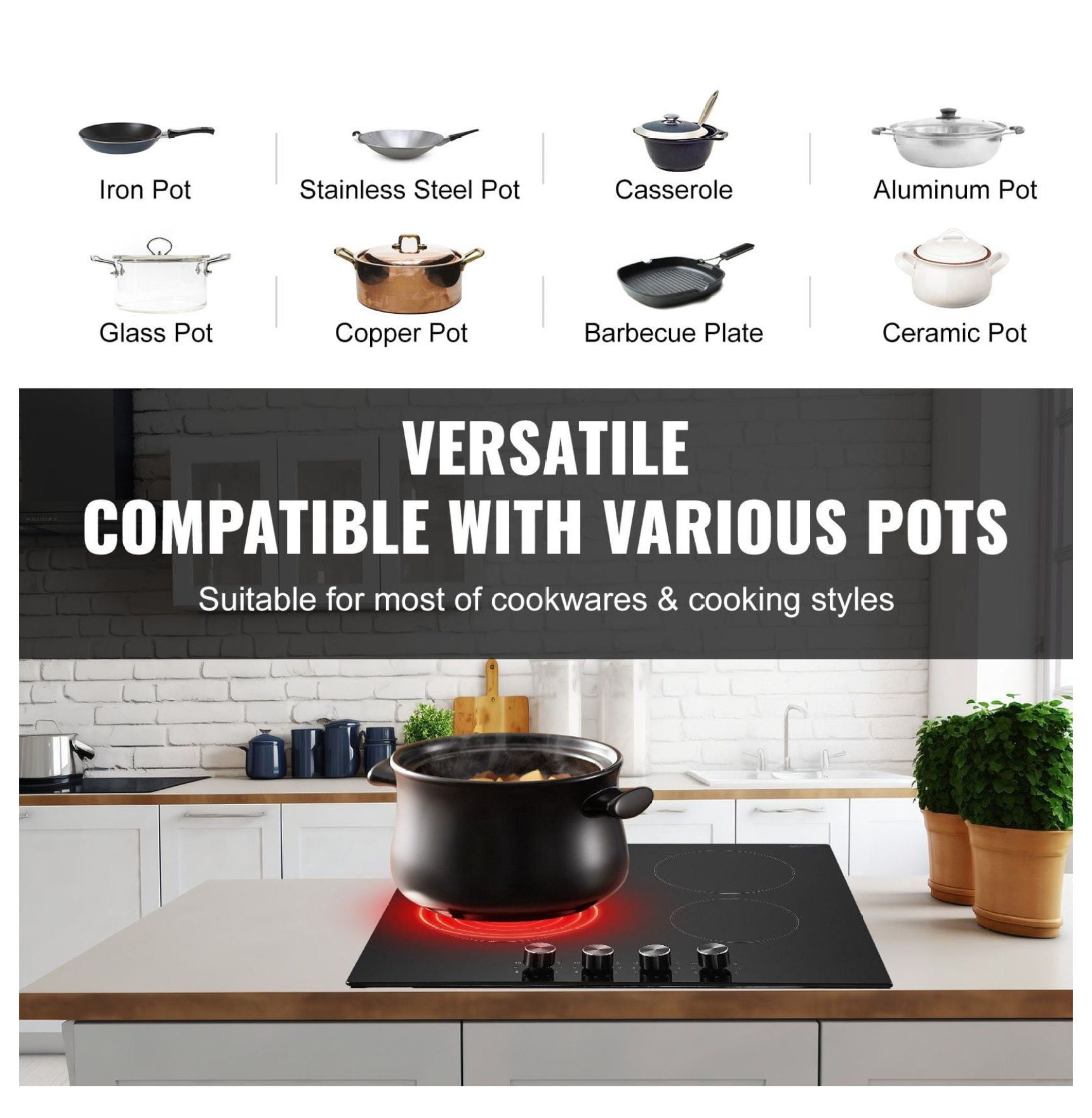 Electric Cooktop 4 Burners 23.2x20.5 inch, Ceramic Radiant Cooktop Built-in, 6000W Professional Stove with 11 Level Control, Stainless Steel