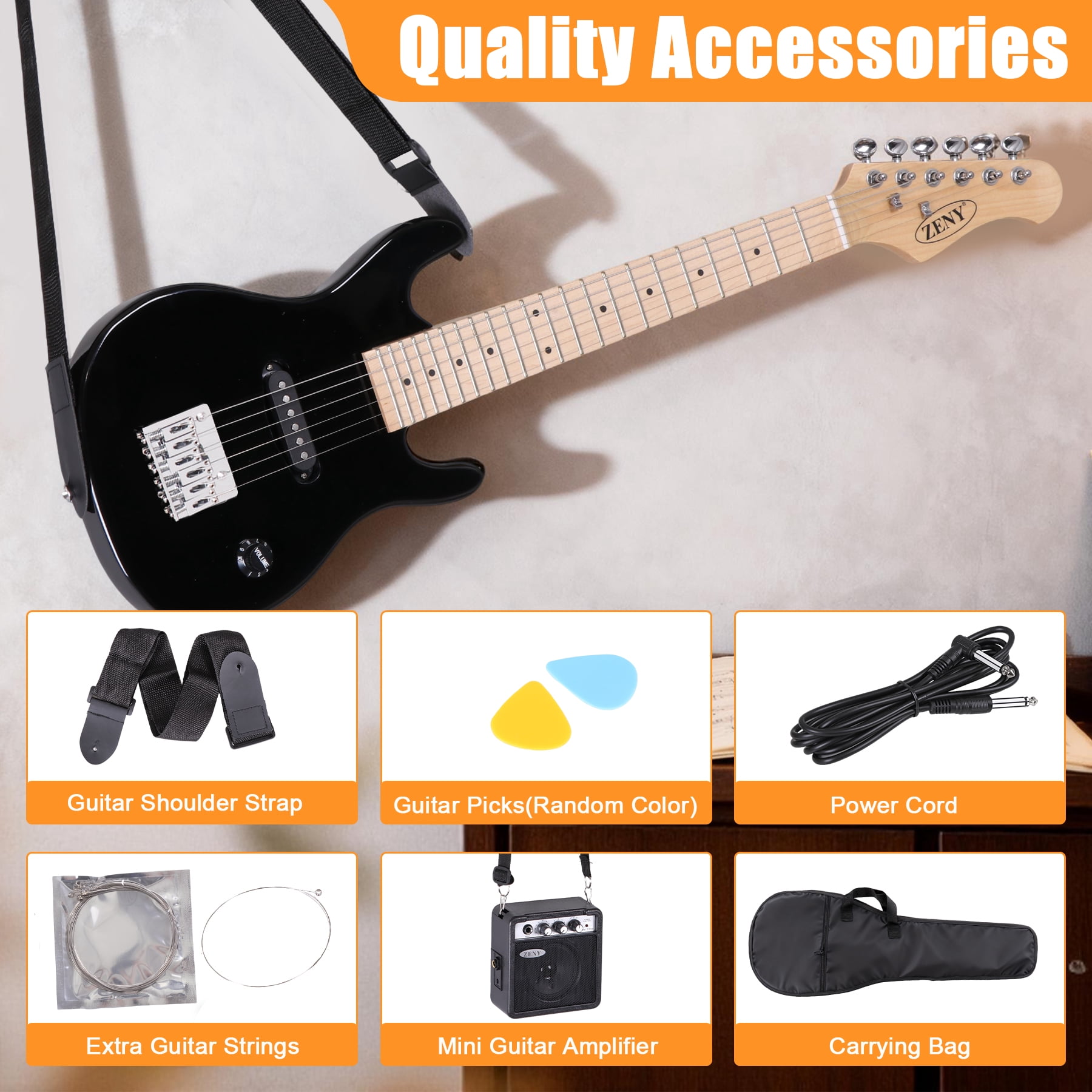 ZenSports 30-Inch Kids Electric Guitar 3/4 Size Beginner’s Guitar W/Amp & Accessories Pack, Right-Handed Black