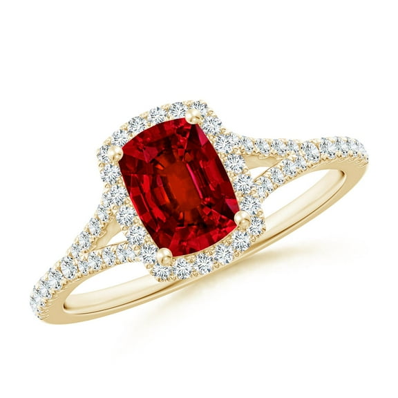ANGARA Lab Grown Cushion Rectangular Ruby Halo Split Shank Engagement Ring for Women in 14K Yellow Gold (Size-7x5mm) | July Birthstone, Anniversary, Jewelry Gift for Women | Lab-Grown Ruby Ring