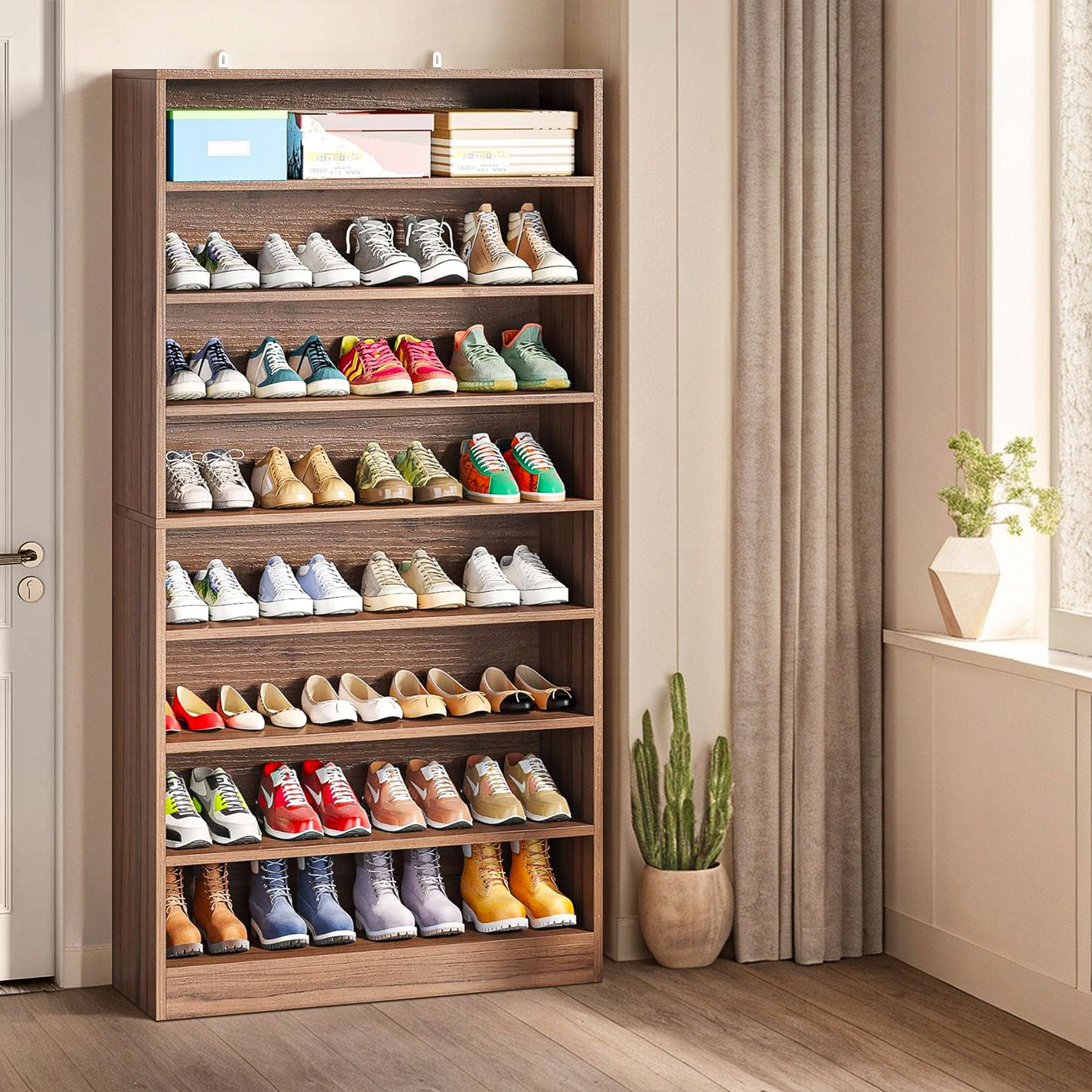 Demi Bonn Wooden Shoe Rack 9-Tier Shoe Storage Organizer Entryway Shoe Shelf, 40-45 Pairs Freestanding Shoe Cabinet, Brown