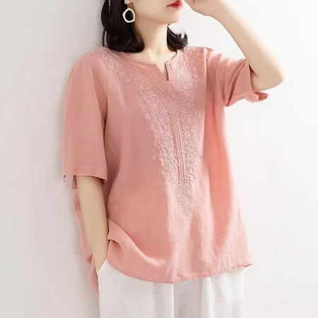 SNKSDGM Easter Shirt Shirts for Women Graphic Tees Women s Linen V Neck Embroidered Top Retro Vintage Blouse Loose fit Plus Size Summer Short Sleeve T Shirt Going Out Tops for Women Lace Bodysuit