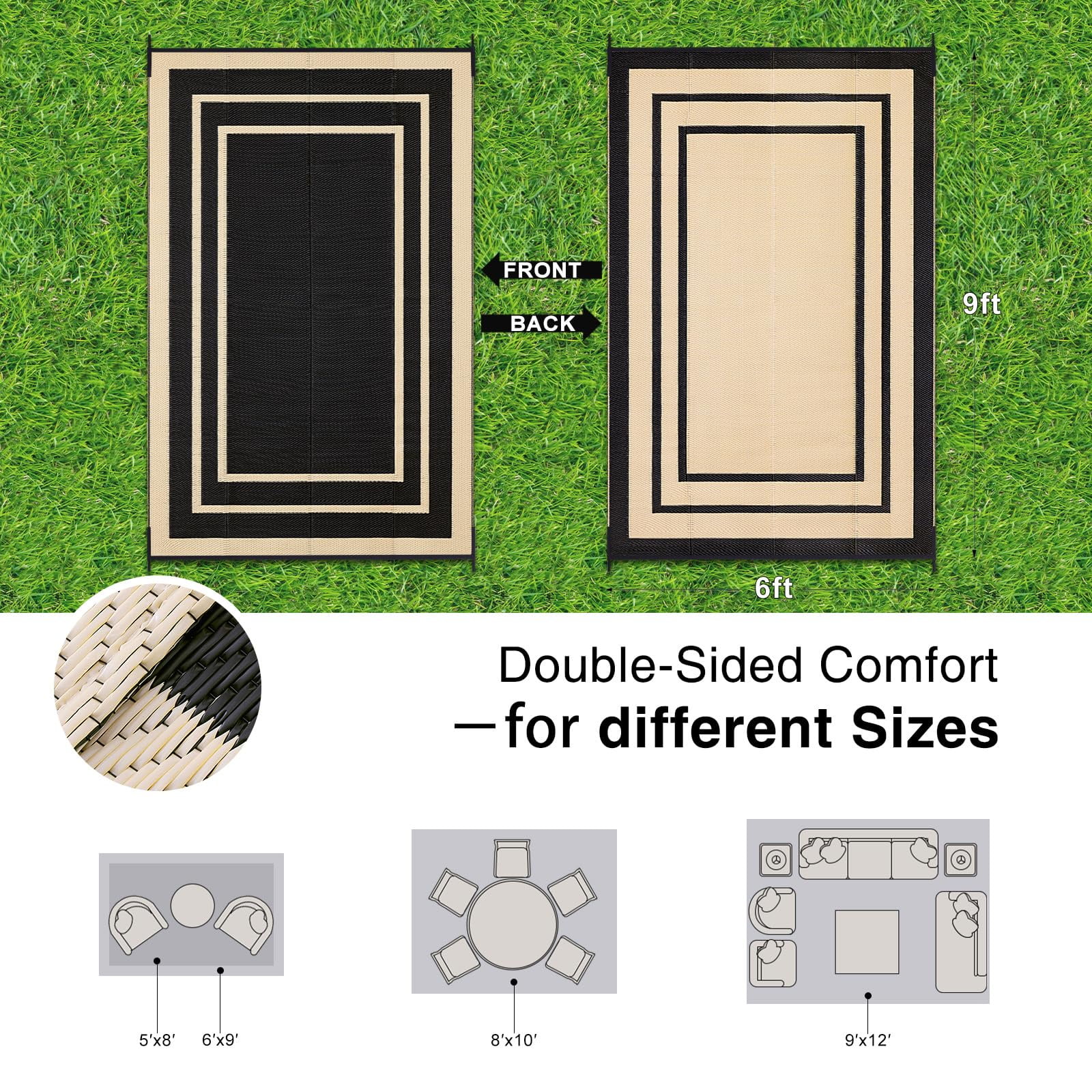 Smiry Outdoor Rugs 6x9, Waterproof Plastic Straw Indoor Outdoor Mat for Patio, RV Camping, Deck,Porch, Black & Beige