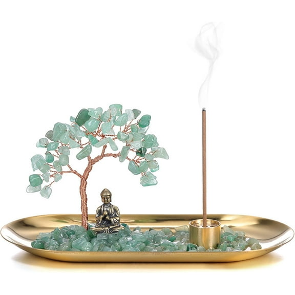 Vorkoi Crystal Incense Holder for Sticks, Healing Crystal Stone Money Tree Buddha Statue Set Incense Burner, Incense Trays for Wealth, Good Luck,Yoga Meditation Home Decor
