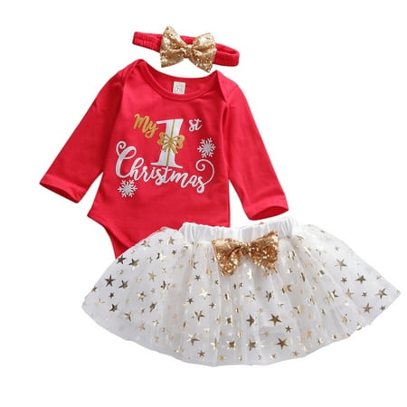 

Kiapeise Baby Girl My First Christmas Day Romper Bodysuits Sparkle Dots Tutu Skirt Leg Warmers with Headband