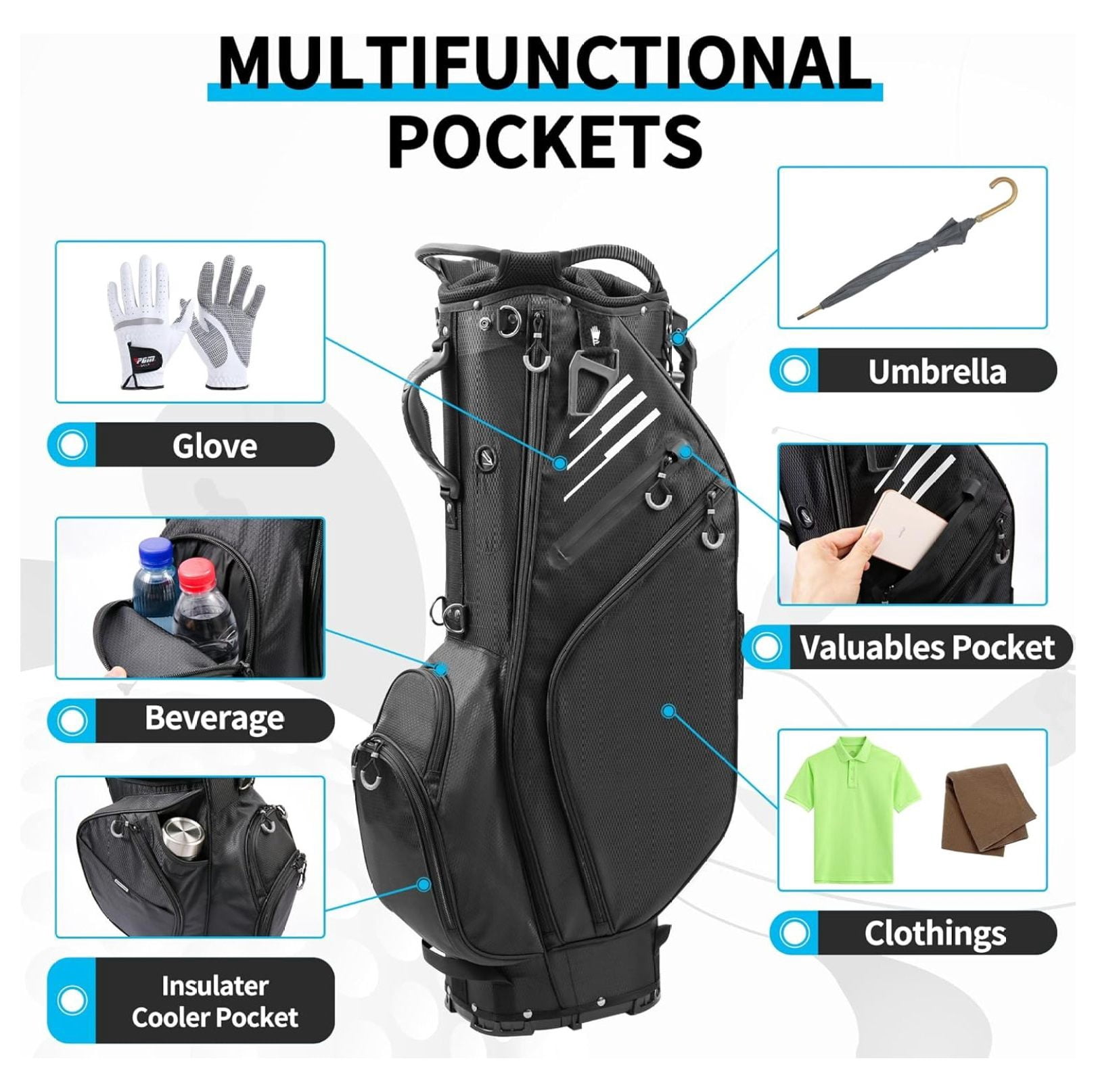 Golf Stand Bag 14 Way Full-Length Dividers with Stand, Lightweight Waterproof Golf Bag, 8 Pockets, Cooler Pouch,Golf Club Bag for Men, Dual Strap, Rain Hood, Black