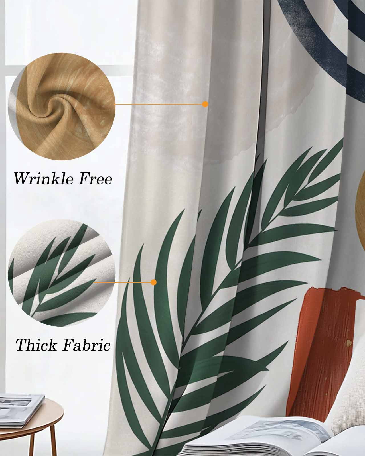 Boho Blackout Curtains, Light Blocking Print Window Curtains, Middle Century Leaves Bohemia Minimalist Abstract Art Beige Thermal Insulated Window Drapes for Living Room 2 Panels, 84"W x 84"L