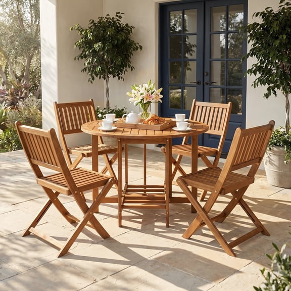 Vineego 5 Pieces Folding Patio Dining Set, Acacia Wood Round Table with 4 Chairs, Outdoor Furniture with Umbrella Hole for Deck, Garden