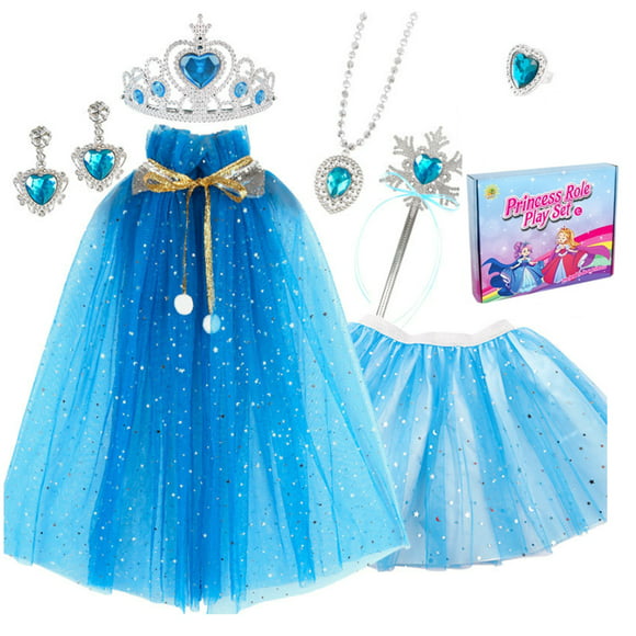 AOXTOY Dress-up Cosplay Toys for Girls, Princess Dress Up Clothes Cape Skirt Set, Pretend Play Princess Dress Cloak Jewelry Crown Wand