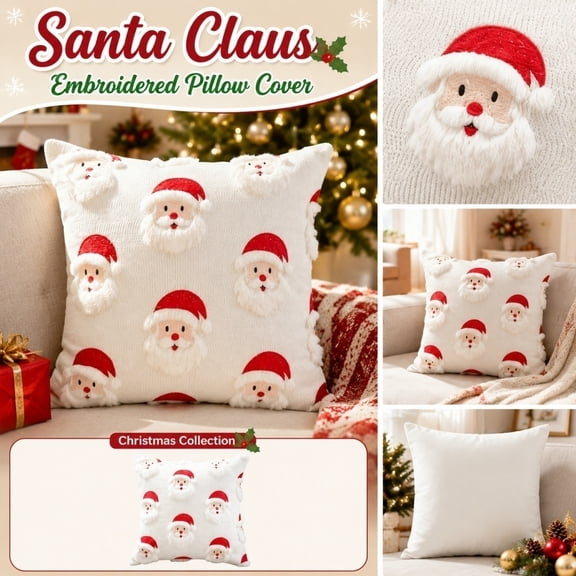 Christmas Santa Claus Pillow Cover 18x18 Inches, Plush Decorative Christmas Throw Cushion Case for Living Room Couch, Armchair & Fireplace Decor, 1 Pack