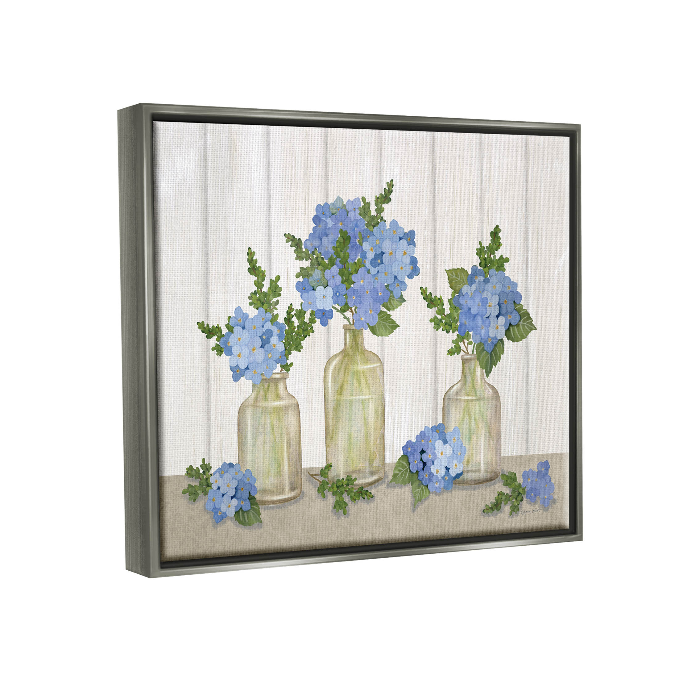 Stupell Industries Blue Geranium Flower Vases Graphic Art Luster Gray Floating Framed Canvas Print Wall Art, Design by Annie LaPoint