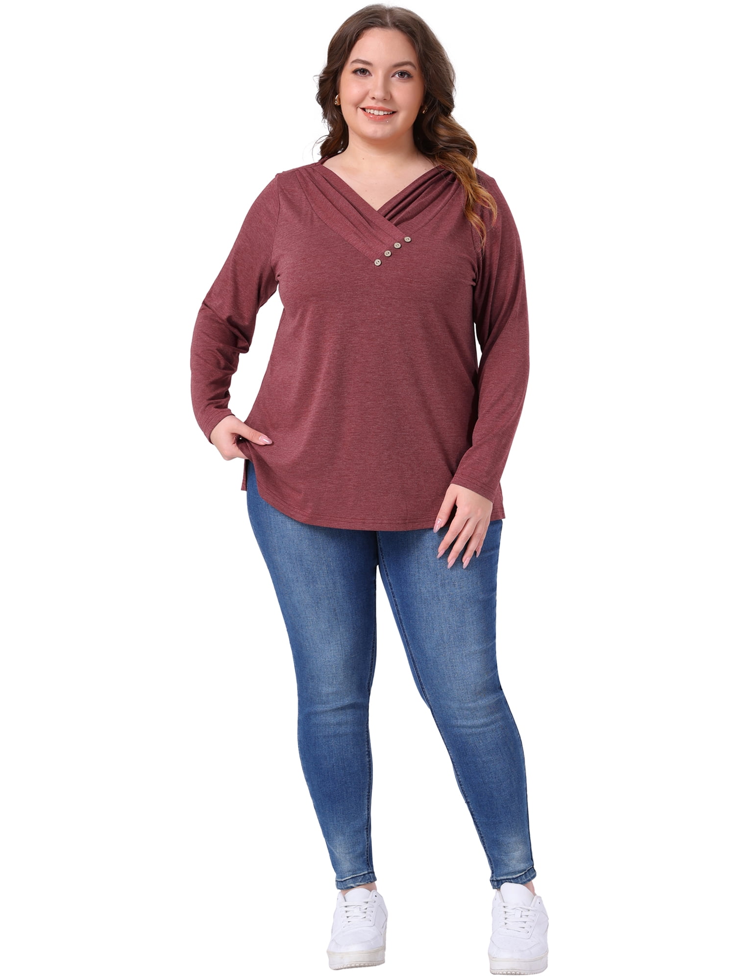 DARING DIVA Women's Plus V Neck Button Fall Pullover Shirt Loose Blouse 2X Burgundy