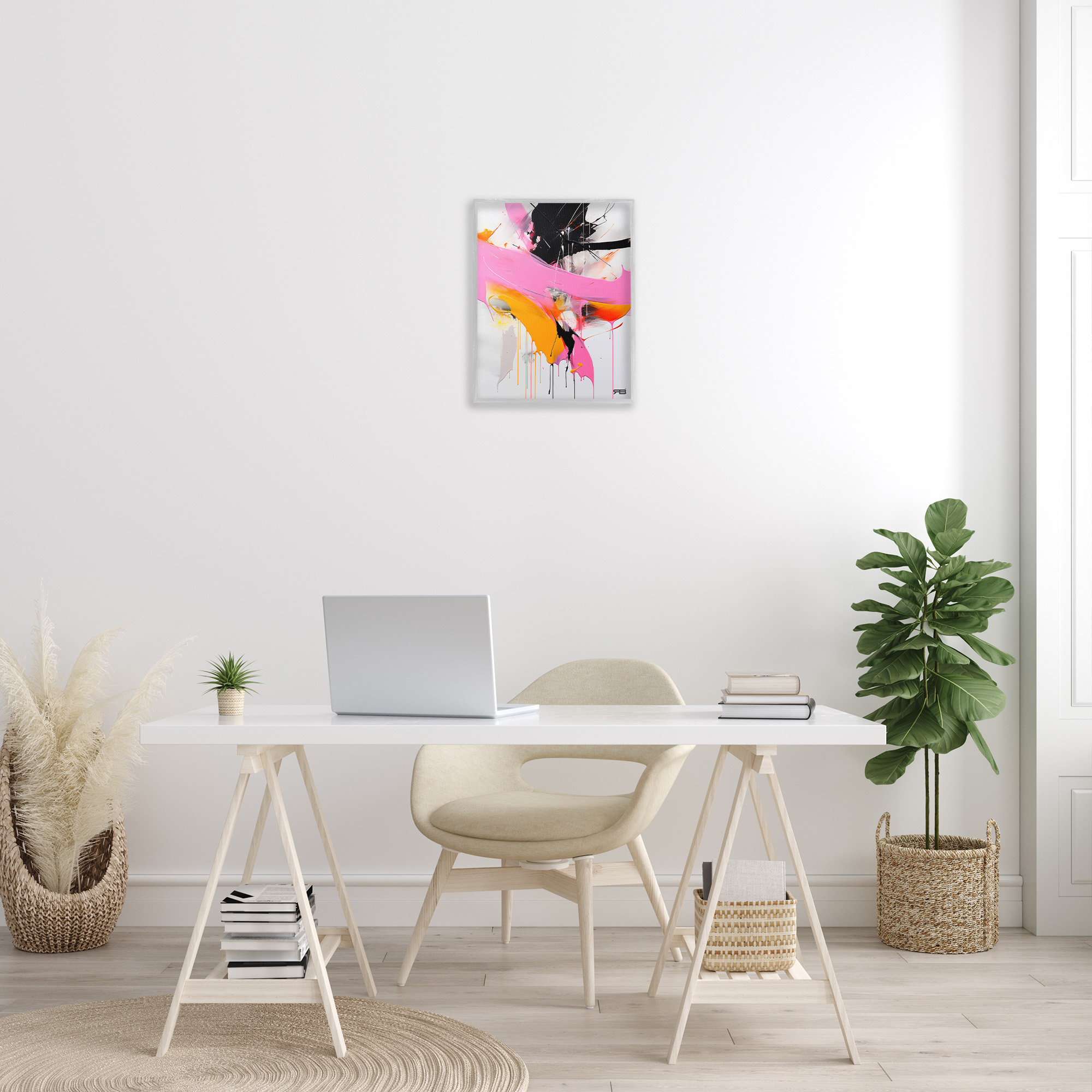 Stupell Industries Pink & Black Contemporary Abstract Painting Gray Framed Art Print Wall Art, 16 x 20