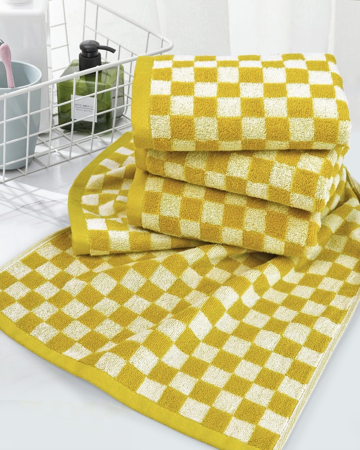 Hand Towels for Bathroom 4 Pack, Cotton Face Towels Soft Absorbent for Spa Bath Gym Kitchen, Hand Towel Set Decorative Checkered, 13 x 29 Inches, 4 Colors