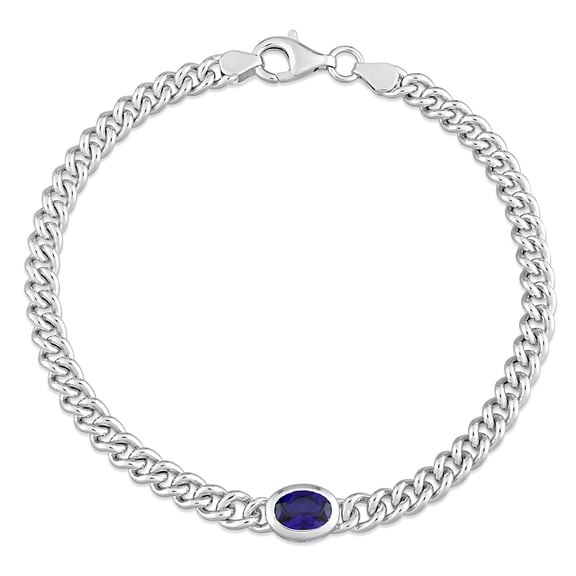 Everly Women's 1 1/4ct TGW Created Blue Sapphire Sterling Silver Oval Curb Link Chain Bracelet