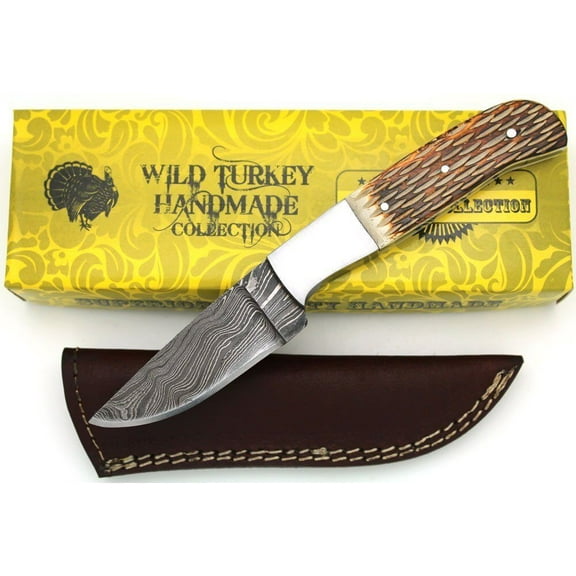 Wild Turkey Handmade Damascus Collection Full Tang Bone Handle Fixed Blade Knife