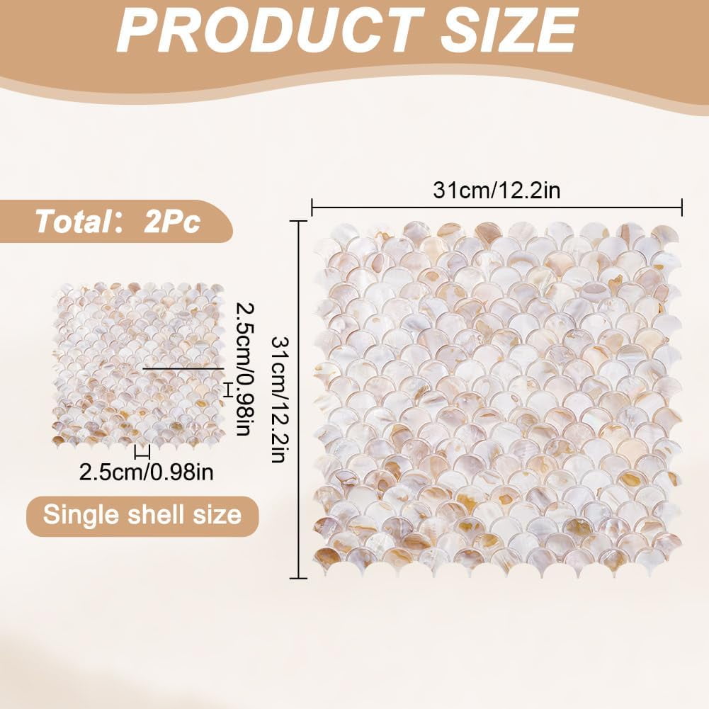 2 Pcs Self Adhesive Wall Tiles 12.4x12.2 Inch Mother of Pearl Fishscale Tiles Peel and Stick Backsplash Shell Tiles for Kitchen Wall Bathroom Bedroom Decor for DIY