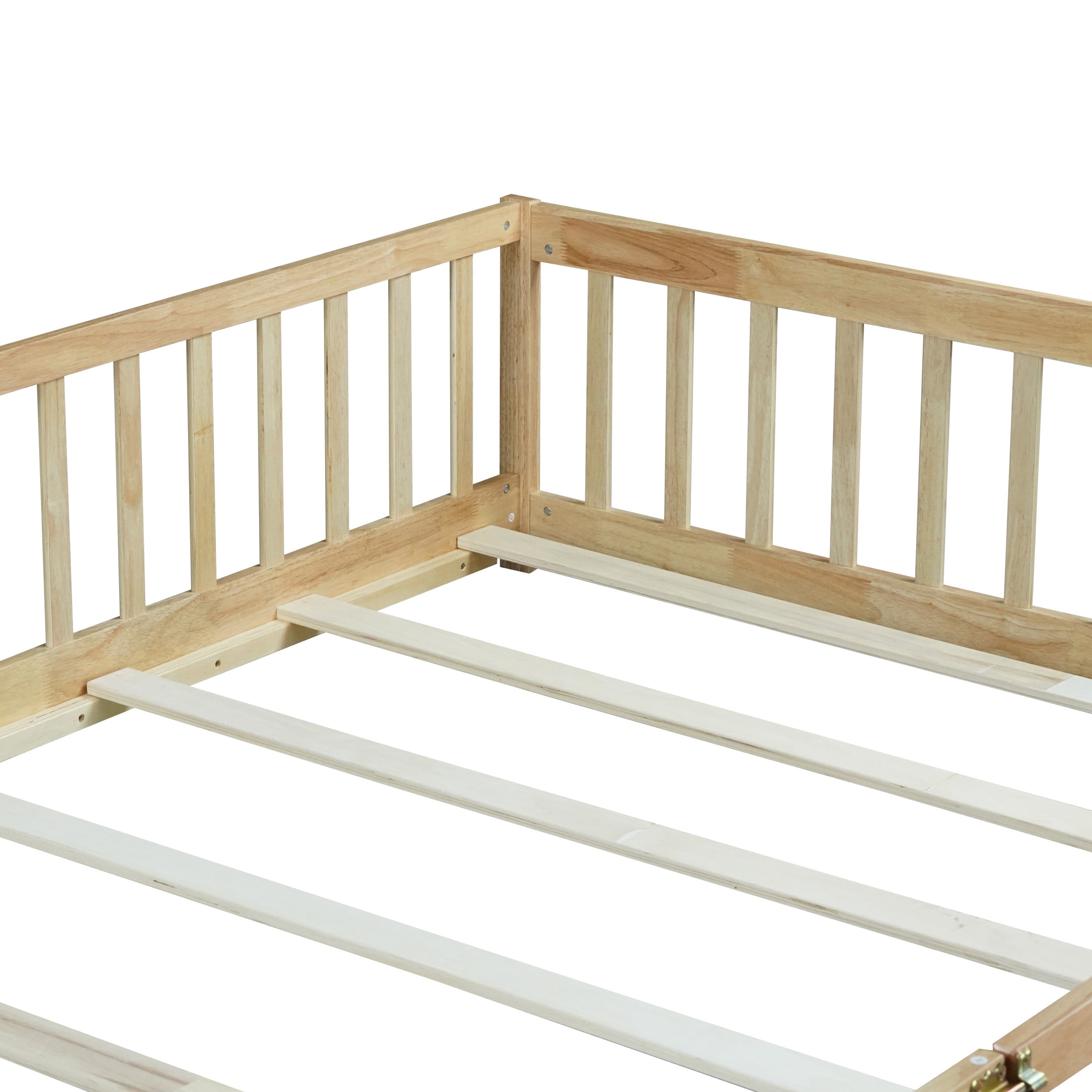 Noble House Queen Floor Bed with Safety Guardrails and Door, Rubber Wood Montessori Bed, Kid's Room, Natural