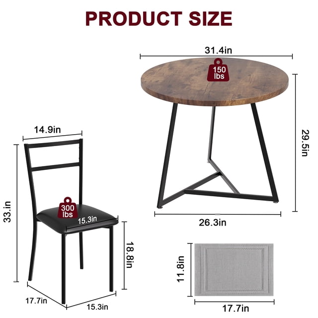 EDTara 3 Piece Dining Table Set, Kitchen Table & Chair Sets for 2, Round Kitchen Table for Small Space, Apartment, Breakfast Nook