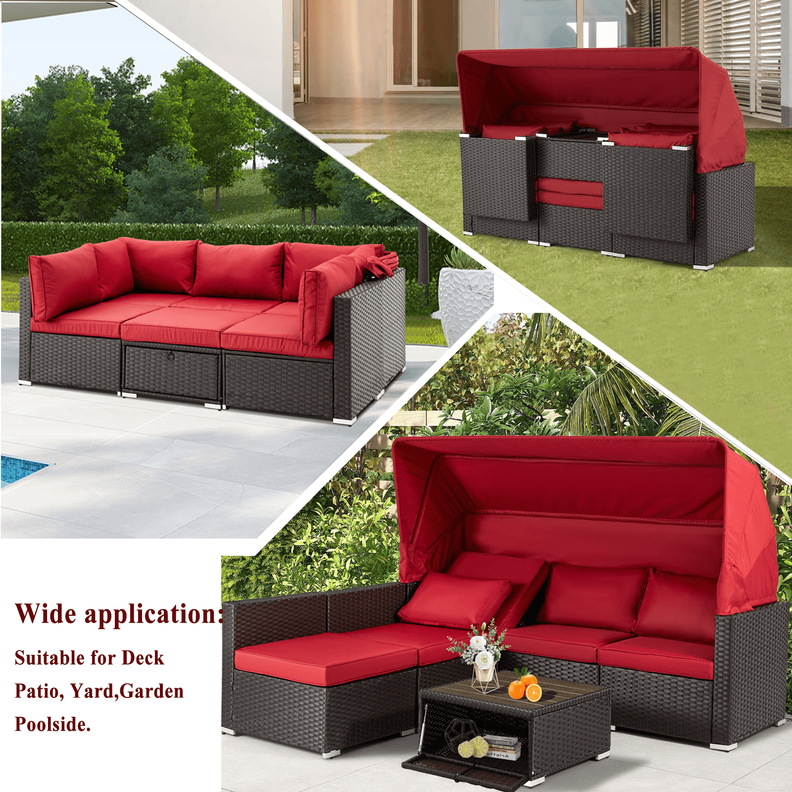 Vicluke Adjustable Backrest Rattan and Steel Outdoor Wicker Daybed, Red