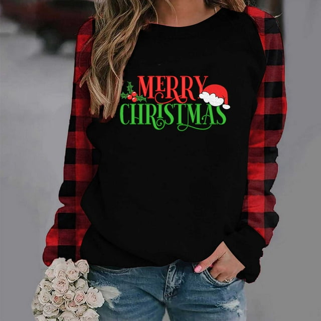 EQWLJWE Joyeux Noël Chemises pour Femmes Manches Longues à Carreaux Manches Raglan Imprimé Lettre de Noël Col Rond Chandail Chemise T-Shirt Tunique Hauts Manches Raglan de Vacances