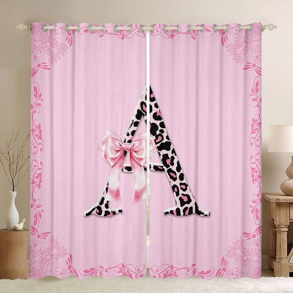 Homewish Personalized Initial Letter A Black Out Curtains for Kids Children Girls,Leopard Print Curtains Pack of 2 (42x63 Each),Dreamy Princess Bow Bedroom Curtains,Luxury Bedroom Decor