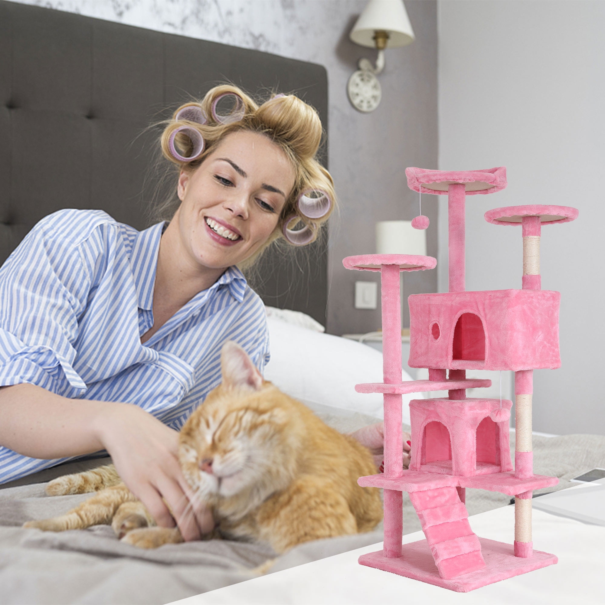 CL.HPAHKL 54in Cat Tree Tower, Multi-Level Cat Tower Furniture Activity Center with Platform Scratching Posts Stand House Condo and Toy, Cat Condos for Indoor Cats Kitten Activity Relaxing, Pink
